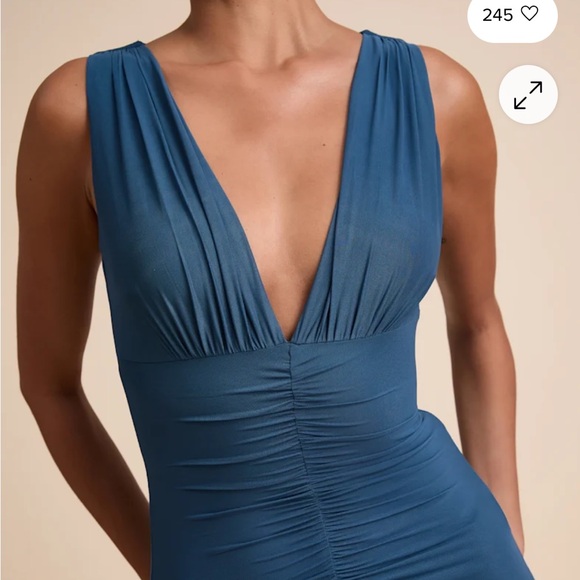 Lulu’s Size Medium Aveline Dark Slate Jersey Knit Ruched Bodycon Maxi Dress - Picture 3 of 12